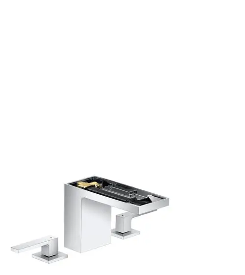 AXOR Waschtischarmatur mit zwei Bedienhebeln, rechteckiger Form und integriertem Ablaufmechanismus, in glänzendem Chrom-Finish.